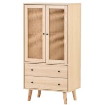 Hohes Sideboard, Wohnzimmer-sideboard Mit 2 Rattantüren Und 2 Schubladen, Eiche