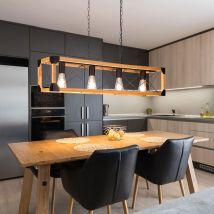 Trio Lighting - Balken Pendelleuchte Tenali 4 Flammig Schwarz Mit Holzbalken, Breite 100cm
