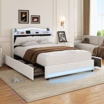Lit Double Capitonné 140 X 200 Cm En Velours Beige, Tête De Lit Avec Rangement Et Led Rgb, 4 Tiroirs À Roulettes, Ports Usb/type-c