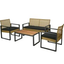 Gartenmöbelset – 2 Stühle, Bank und Tisch – Rattan, pulverbeschichteter Stahl, FSC-zertifiziertes Akazienholz – Schwarz