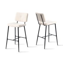 Set Of 2 Scandinavian Bar Stools - 75 Cm High Upholstered Seats - High Chairs In Beige Boucle - Black Metal Legs And Footrest - Meubles Cosy