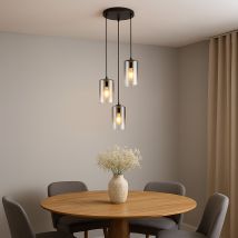 Lampada A Sospensione In Vetro Fumé Luce A Sospensione Nera Per Sala Da Pranzo Luce A 3 Fiamme, Metallo, 3x Presa E27, Dxh 37x120 Cm