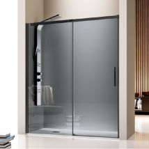 Parete Doccia Fissa + Porta Scorrevole Luna Con Profilo Nero Opaco E Vetro Oscurato 145 Cm