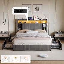 Lit 160x200,lit Coffre 160x200 Avec 4 Tiroirs,lit Adult,lit Avec Rangement Et Coussins En Lin Avec Led Et Compartiments De Rangement,gris