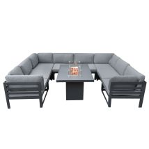 Ensemble De Meuble De Jardin Modulaire En Aluminium Gris Canapé & Table En Forme De U 8 Places Avec Foyer À Gaz 9 Pièces Terrasse Alternative À Rotin 