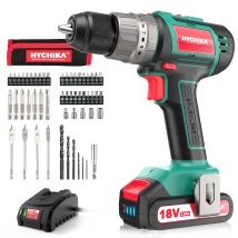 Hychika Trapano Avvitatore Batteria 18v, Brushless 60nm Trapano A Percussione, 2.0ah Batteries, 53 Accessori, Caricatore Rapido, 21+3 Coppie, 2 