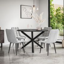 Malvern Round Dining Table And Chairs - Black Table Top W Solid Black Oak Legs + Nova Velvet Dining Chair Set Of 4 (grey)