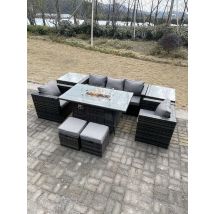 Outdoor Pe Rotin Garden Furniture Gas Fire Pit Table À Manger Fauteuil Avec Deux Côtés Table Basse Tabouret Gris Foncé Mixte - Fimous