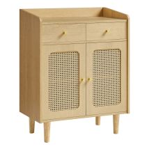Buffet, Meuble De Rangement, Placard Avec Portes Et Tiroirs En Rotin, Étagère Réglable, Style Bohème, Pour Salle À Manger, Salon, Beige Chêne