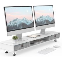 Dual Monitorständer Mit 2 Schublade Großer Bildschirmständer Für Computer Tv Laptop, Monitorständer,108x23,5x15,2-16,7cm,weiß - Fenge