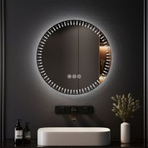 Emke - 60cm Round Bathroom Led Mirror With 3 Light Dimmable Colors Illuminated Circle Mirror With Demister