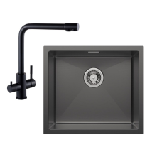 Cecipa Max - Fregadero Bajo Encimera Con 1 Seno Fregadero De Acero Inoxidable 50×44cm Negro Antracita + Grifo De Cocina Negro Grifo Para Fregadero 3 