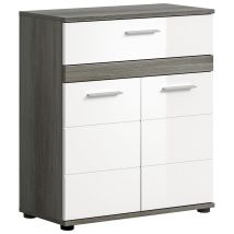 Blake Badschrank – 1 Schublade – 2 Türen – Weiß Hochglanz – Grau – 80cm – 40cm – 80cm – Holzoptik