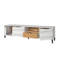 Ventemeublesonline - Mueble De Tv Para Salón Comedor Tokio Estilo Nórdico En Color Blanco Albo Y Roble Rayado Con 3 Puertas Y 2 Cajones 178 Cm