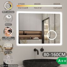 Acezanble - Badspiegel Wandspiegel Badezimmerspiegel Led Touch Beleuchtung Beschlagfrei+kosmetikspiegel+3 Farben Dimmbar+led Memory Funktion 160 X 80 