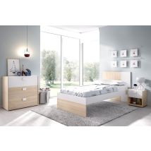 Cama individual juvenil con mesita y cómoda – Melamina blanca y natural – 97x79x196 cm – Montaje fácil