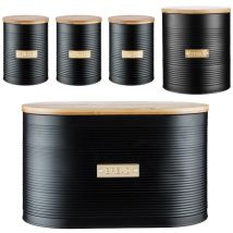 Typhoon – Otto Black 5 Piece Kitchen Storage Set – Tea, Coffee & Sugar Canisters, Bread Bin, Cookie Storage – Durable Steel with Bamboo Lid