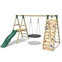 Rebo - Wooden Swing Set With Deck And Slide Plus Up And Over Climbing Wall - Pyrite Green
