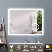 Acezanble - 80 X 60 Cm Led Spiegel+beschlagfrei+uhr+3 Lichtfarben Dimmbar+kosmetikspiegel+farbtemperatur Und Helligkeit Memory Funktion