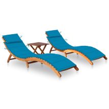 Juego De 2 Tumbonas Tumbona Para Tomar El Sol Cama De Jardín Terraza Muebles De Exterior Con Mesa Y Cojines De Acacia Maciza 020012095