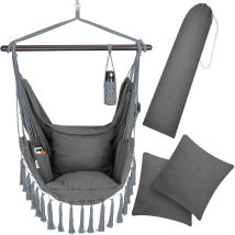 Silla Colgante Interior Exterior Hamaca Columpio De Algodón 2 Cojines Xl Portavasos Con Flecos Capacidad Hasta 150kg Antracita - Detex