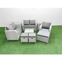 High Back Poly Rattan Garden Furniture Set With Reclining Chair Loveseat Sofa Square Coffee Table Indoor Outdoor Patio Set 3 Stools 2 Side Table Light