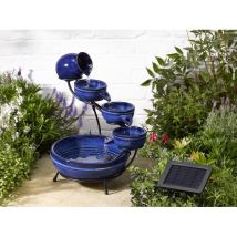 Fontaine D'Intérieur Solaire Cascade Céramique Bleu – Hauteur 49 Cm – 5 Poteries – Autonome Avec Panneau Solaire 1,5w – Garden Mile