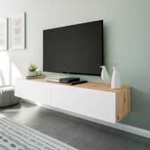 Ventemeublesonline - Mueble Tv Suspendido De Salón Comedor Kaway 2 Puertas Abatibles Color Roble Nodi Y Blanco Artik 35x180x28 Cm