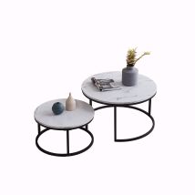 Mesas De Centro Nido Redondas Modernas - Estructura Metálica, Tablero Efecto Mármol - Mesa Grande: 80 X 45 Cm, Mesa Pequeña: 60 X 33 Cm - Negro
