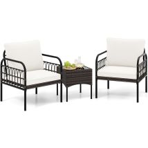 Ensemble De Meubles 3 Pièces De Patio En Rotin Charge 180kg, Salon De Jardin 2 Fauteuils Table Basse En Verre Trempé Avec Coussins Lavables Accoudoirs