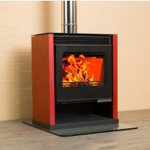 V05 - Poêle À Bois Rubin Lux – 13 Kw Avec Panneaux Latéraux Peints En Bordeaux Et Grande Fenêtre Panoramique Frontale