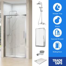 Synergy - Chrome Single Sliding Door 900 X 1100mm, Tray, Waste & Trisen Round Shower Full Set