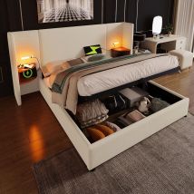 Cama Matrimonial Acolchada 180 X 200, Con Luz De Lectura Y Cargador Usb Type-c, Beige, Lino
