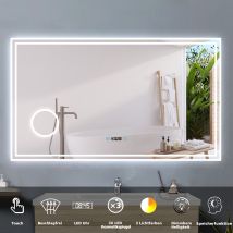 Acezanble - Touch Wandspiegel Led Badspiegel Lichtspiegel Spiegel Lichtspiegel Badezimmerspiegel Beschlagfrei+3 Lichtfarben Dimmbar+uhr+3x Vergrerung 