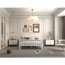 White Double Bed Frame Solid Pine Wood:135x190cm - Furniture Hmd