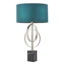 Merano Trento Lampe De Table Feuille D'Argent Antique & Tissu Satin Bleu Sarcelle