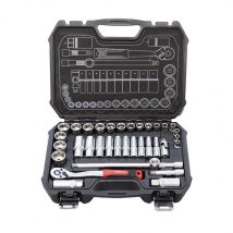 Set di bussole metriche 3/8 e accessori - 35 pezzi - 18 bussole corte, 10 bussole lunghe, Estensione 75 mm, Cricchetto a 72 denti - Kroftools