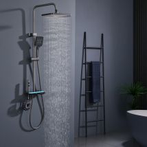 Columna De Ducha Led Con Pantalla Digital, Sistema De Ducha 4 Funciones Con Estante Integrado, Altura Ajustable 800–1000 Mm, Latón Negro