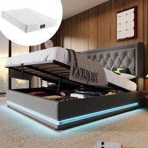 Letto Imbottito Matrimoniale 140 X 200 Cm, Materiale Cotone Grigio, Letto Contenitore Idraulico, Testiera Imbottita Con Funzione Di Ricarica Usb Type-
