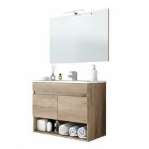 Mobiletto Bagno Sospeso Mobile Legno Con 2 Ante Ripiani E Vani Aperti Lavabo In Ceramica Con Specchio E Led Design Moderno Nordico La Brea 80 X 45 X 
