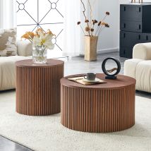 Ensemble 2 Tables Basses Gigognes – Rondes, Mdf, Rangement Intégré, Design Colonnes Romaines – Noyer – Pour Salon Ou Chambre