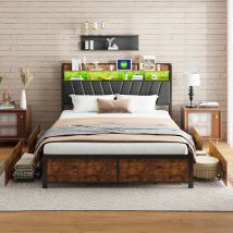 Estructura De Cama De Metal 140 X 200 Cm, Cabecero Con Espacio De Almacenamiento, Led, Puerto Usb, Cama Juvenil, Cama De Almacenamiento De Estilo 