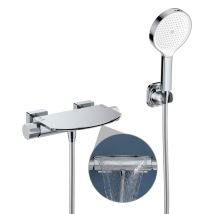 Miscelatore Vasca Da Bagno Cromato Con Cascata E Doccetta, Rubinetto A Parete In Ottone, Miscelatore Monocomando Con Ampia Mensola Portaoggetti, 