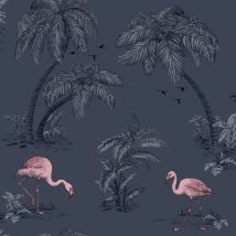 Holden Flamingo Lake Wallpaper Palm Trees Tropical Birds Midnight Blue Pink