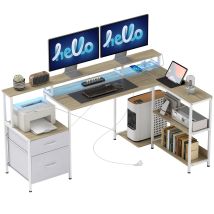 Bureau D'Angle Avec Prises Et Lumières Led Rgb. Bureau D'Ordinateur. 172 X 100 Cm. Support D'Écran. 2 Tiroirs. Blanc