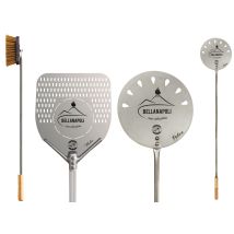 Bellanapoli – Set 3 pezzi pale e attrezzi per forni – Pala quadrata 33x33 cm, pala rotonda Ø22 cm, spazzola in acciaio inox
