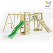 Fungoo - Spielturm 'maxi Funny', Natur, Mit Doppelschaukel, Rutsche, Verbindungselement, Kletterwand Und Rampe