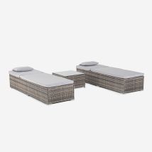 2 Transats De Jardin En Rotin Avec Petite Table D'Extérieur Bali - Gris