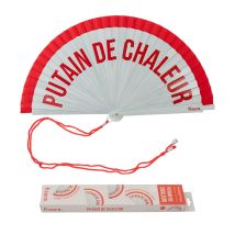 Fisura – Ventaglio Originale Con Messaggio “ptain De Chaleur”. Accessorio Reversibile In Legno Moderno E Vivace. Ventilatore Portatile Rosso Bianco. 