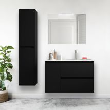 Caesaroo - Meuble De Salle De Bain Suspendu 85 Cm En Bois Noir Satiné Avec Vasque Intégré - Nova - Avec Miroir Et Lampe Led